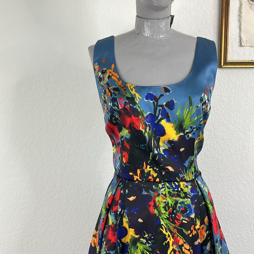 David Meister Blue Floral Fit Flare Sleeveless Scoop Neck Party Dress - Picture 3 of 11